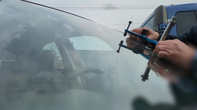 Windshield Repair in 4K, Injecting Adhesive into Crack, Car Glass Fix, Professional Chip Repair, Automotive Service Close-up Shot