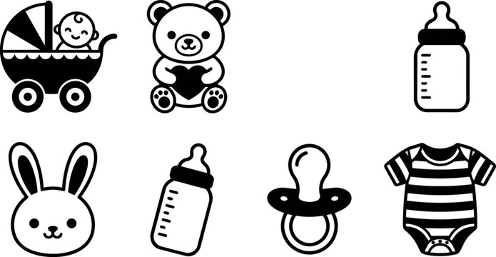 Black and white baby essentials icons including stroller teddy bear bottle bunny and pacifier
