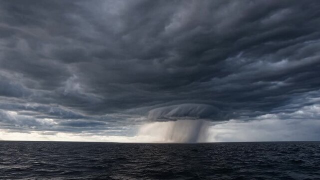 Dark storm clouds over ocean horizon, dramatic shelf cloud and concentrated rain shaft striking sea, churning waves and low light creating moody, foreboding atmosphere ideal for weather, maritime