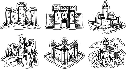 Obraz premium Black and white line art medieval castles set with towers and gates