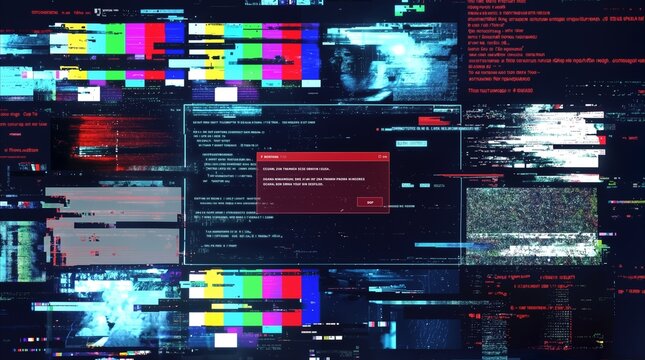 Computer screen displaying system error message with digital glitch and static noise. Cyber security breach and software failure concept.