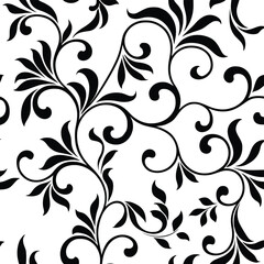 Black floral seamless pattern featuring artistic vine scrolls and foliage elements for interior decor and creative crafts project. © MdMoklasar
