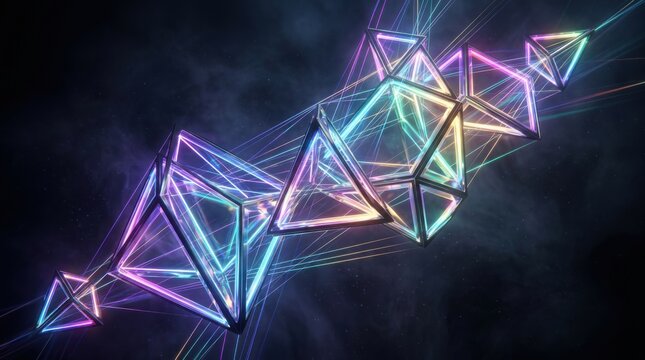 Futuristic neon geometric shapes with glowing wireframe structures, abstract 3d digital art of iridescent crystalline prisms, vibrant laser light lines on dark smoky background for tech design.