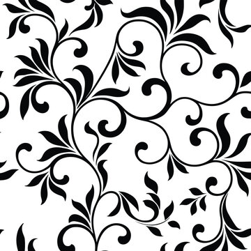 Black floral seamless pattern featuring artistic vine scrolls and foliage elements for interior decor and creative crafts project.