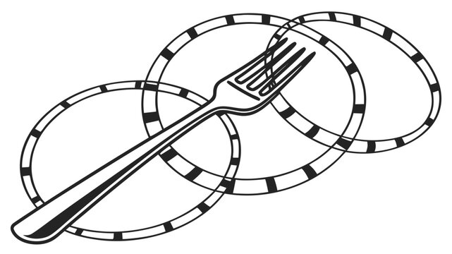 Vector illustration of a metal fork positioned over intersecting circular rings with abstract, silverware