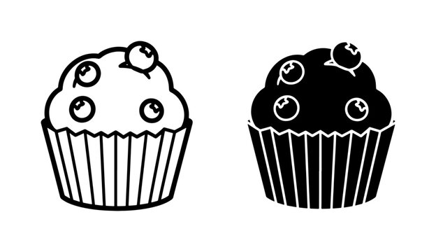 Blueberry muffin icon set in outline and solid black style