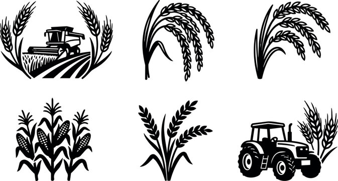 Black and white line art farming icons with tractor wheat and corn