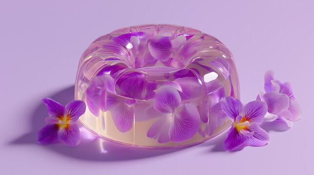 Clear ring shape jelly dessert with embedded pink flower petals. Minimalist food photography with floral decoration on purple background. Elegant gourmet sweet for culinary design.
