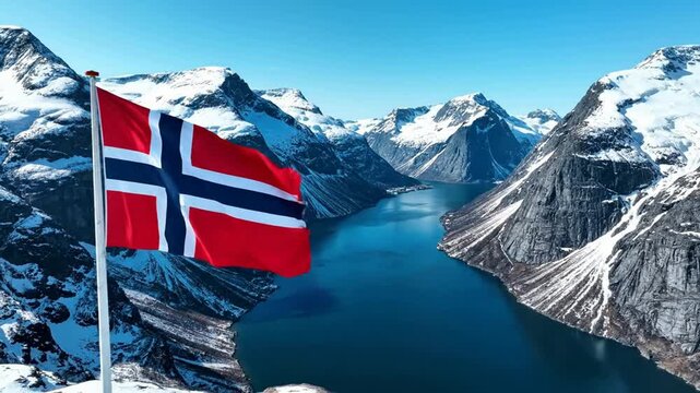 Norwegian flag waving over snowy fjord mountains, scenic scandinavia landscape background, norway