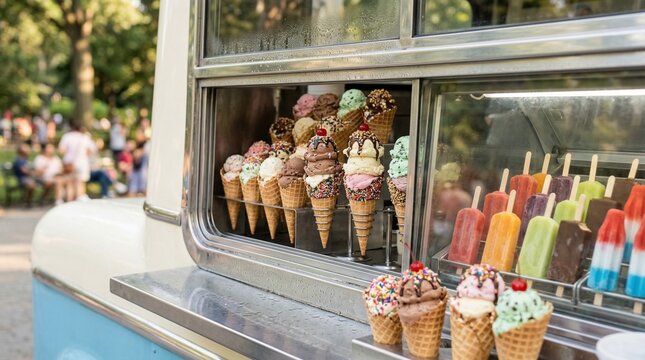 Ice cream truck serving a variety of colorful ice cream cones and popsicles