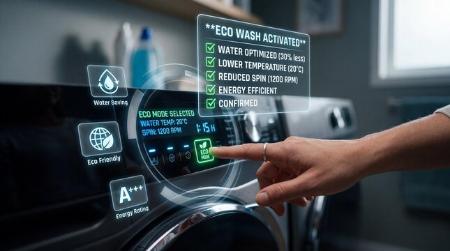 Person selecting eco wash mode on smart washing machine with digital holographic interface display for energy efficient home laundry appliance technology control