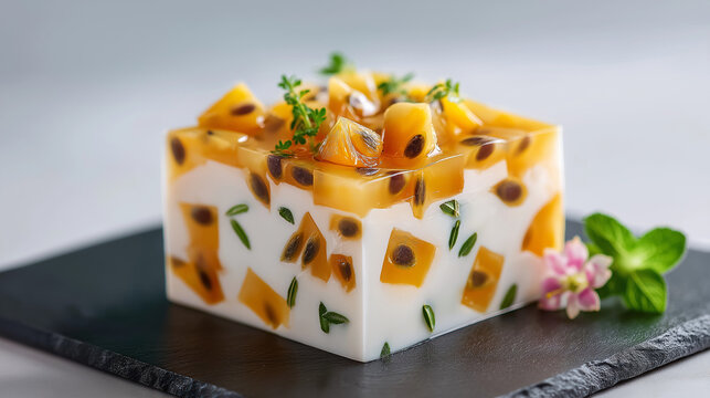 Passion fruit jelly cube with milk cream layer. gourmet panna cotta dessert with exotic fruit pieces and herbs. Modern culinary art for restaurant presentation and sweet menu design.