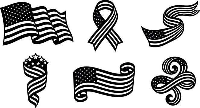 Black and white american flag ribbons and waves vector art collection