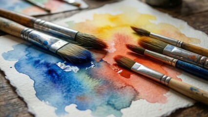Fototapeta premium Close-up of Watercolor Paintbrushes on Colorful Abstract Painted Paper