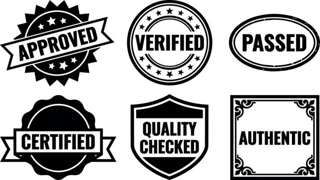Black and white verified approved passed certified authentic quality checked stamp icons vector art