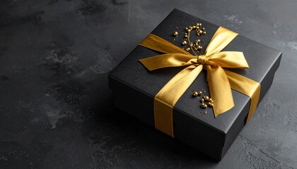 Naklejka premium A single elegant black gift box tied with a luxurious golden ribbon bow presented on a dark textured background for special holiday occasions.