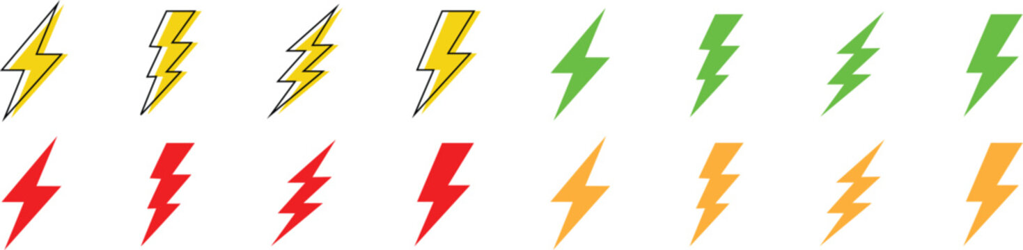 Collection of colorful lightning bolt icons in various styles and colors for graphic design  isolated on white background