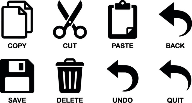 Black and white flat design icons for copy cut paste back save delete undo quit commands
