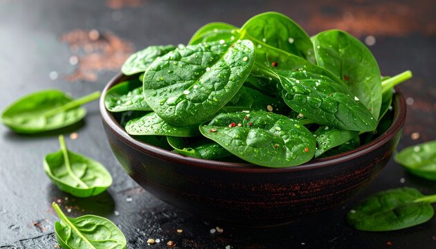 A rustic ceramic bowl filled with fresh baby spinach leaves garnished with cracked pepper for a healthy meal or a gourmet salad preparation.