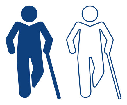 Person with a mobility impairment icon pair in blue, outlined and filled, accessibility symbol. Ideal for accessibility, mobility assistance, or disability support design.
