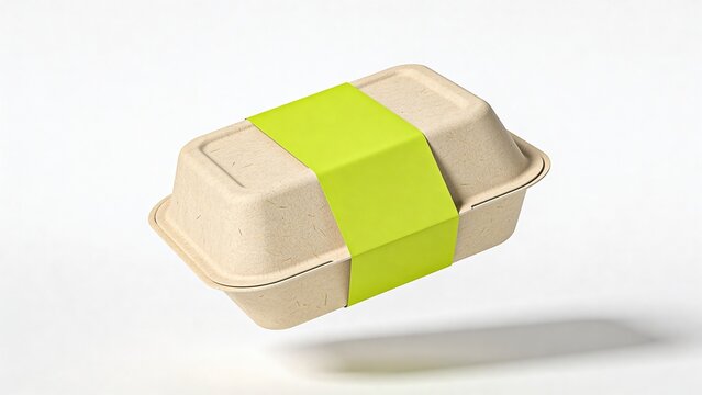 A biodegradable takeout container made of kraft paper with a green band. The container is floating against a white background, emphasizing eco-friendly packaging.