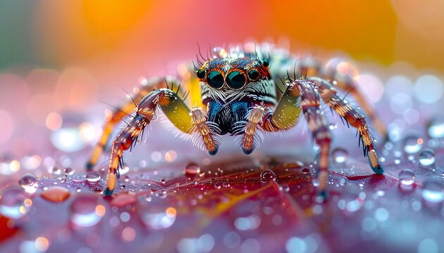 Close up macro shot of a vibrant jumping spider standing on a colorful leaf covered with sparkling morning dew drops in a beautiful garden.