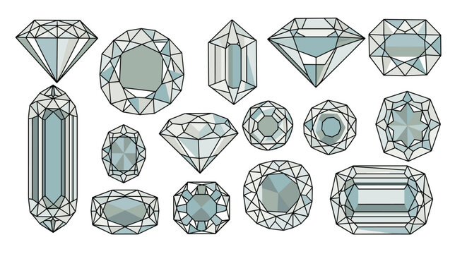 Comprehensive set of diamond and gemstone illustrations showcasing various brilliant cuts and elegant geometric crystal shapes.