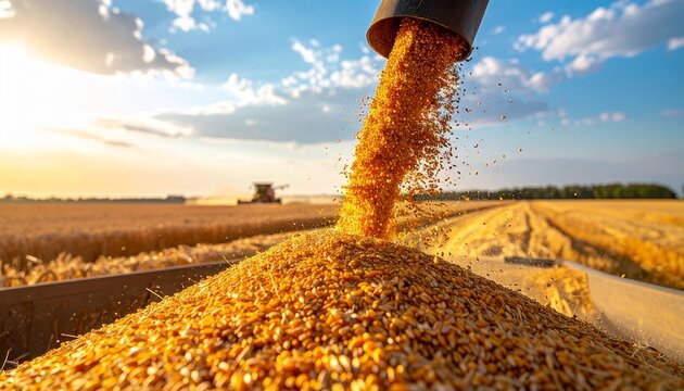 A golden sunset illuminates a bountiful harvest of corn being unloaded from a large agricultural combine machine into a tractor trailer truck.