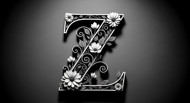 Ornate capital letter Z design features detailed white floral embellishments against a dark background