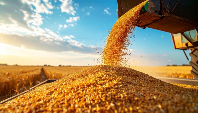 Golden corn harvest landscape with a modern combine harvester pouring freshly gathered grain into a trailer under a bright sunset sky background.