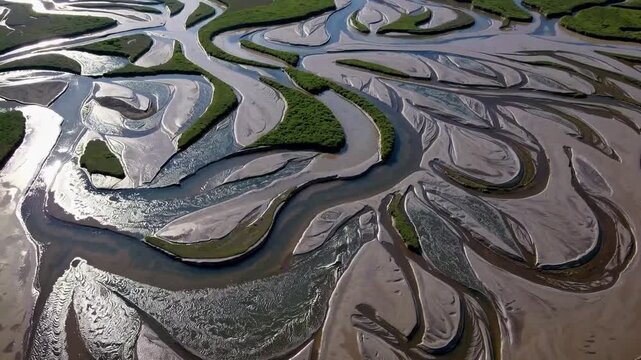 Serene Wetlands Under Sunlight. Aerial View Of Rivers Carving Through Wetlands With Mountain Backdrop
