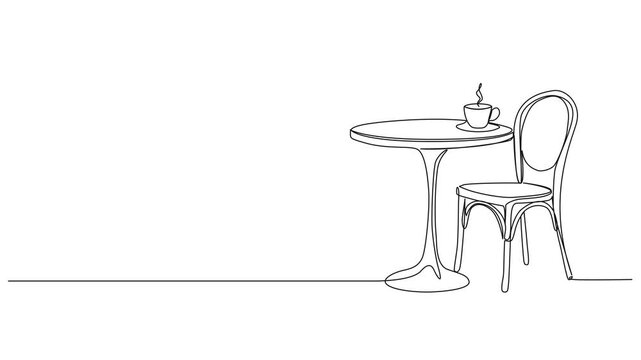 animated continuous line drawing of chair and bistro table with cup of coffee, line art animation