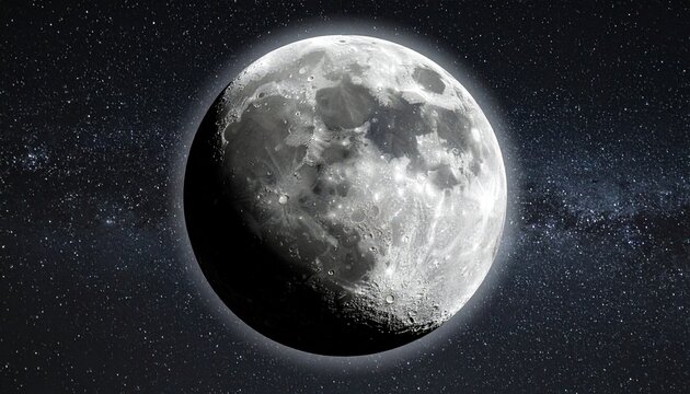 A detailed close up view of the waxing gibbous moon surface surrounded by the vast dark expanse of deep space filled with bright starry nebula.
