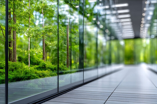 Eco friendly data center with glass walls and natural green forest outside symbolizing sustainable IT infrastructure renewable energy and green cloud comput