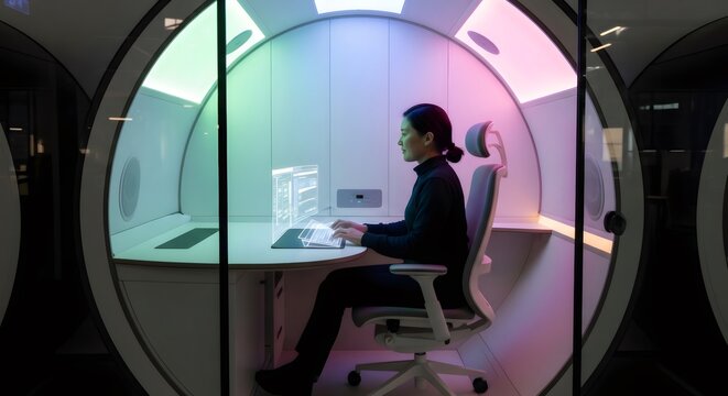 Asian woman working on futuristic holographic computer in office pod