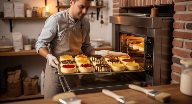 A baker in a kitchen holding a tray of assorted cheesecakes