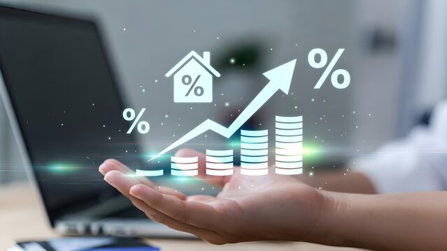 Businessman hand putting coin on stack with virtual house and percentage icon. Conceptual for rising real estate interest rates, mortgage loan calculation, property tax, and financial investment.