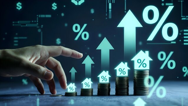 Businessman hand putting coin on stack with virtual house and percentage icon. Conceptual for rising real estate interest rates, mortgage loan calculation, property tax, and financial investment.