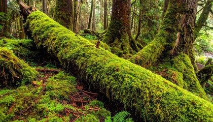 Obraz premium A lush green mossy log resting on the forest floor surrounded by ancient trees in a tranquil temperate rainforest wilderness nature landscape.