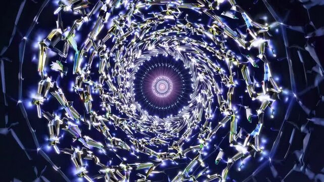 Ceaseless Ringshaped Tunnel Illuminated By Streaks And Intricate Symmetrical Fractal Images For Immersion
