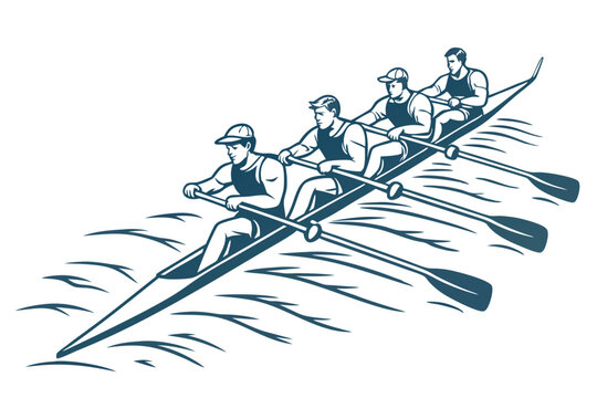 Rowing Crew Teamwork Line Art Paddles in Motion Water Sport Vector Illustration