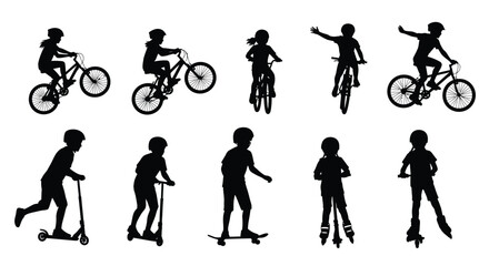 Fototapeta premium Collection of children silhouetted while riding bicycles scooters skateboards and roller skates