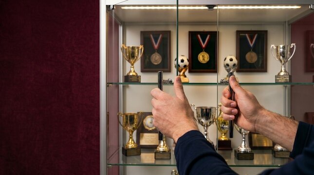 Man opening glass cabinet with sports trophies and medals. Achievement and success concept. Display case featuring awards, cups and honors won in athletic competition or championship event.