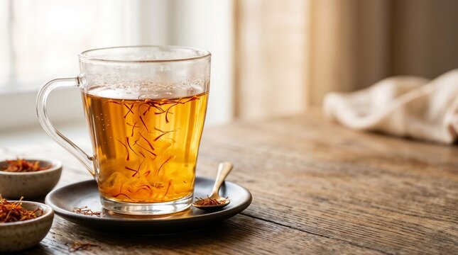Saffron threads in hot tea with copy space
