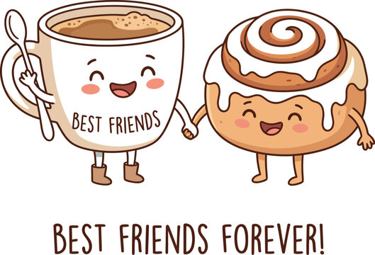 cheerful coffee cup and cinnamon roll hugging vector illustration