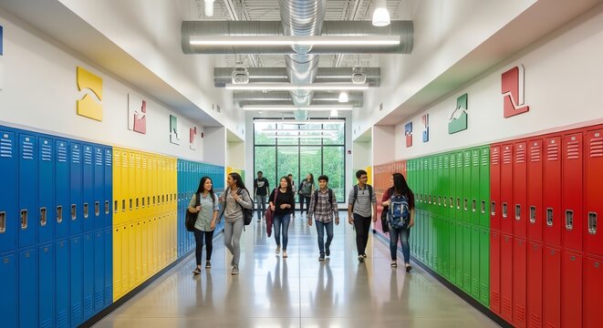 Students walk down colorful school hallway with modern lockers