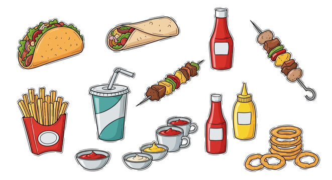 Colorful fast food items arranged on a white background including tacos burritos skewers fries soda and condiments