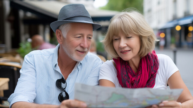 Retired white couple consulting paper itinerary at a sunny outdoor caf&Atilde;&copy; terrace, warm May light, relaxed and adventurous mood