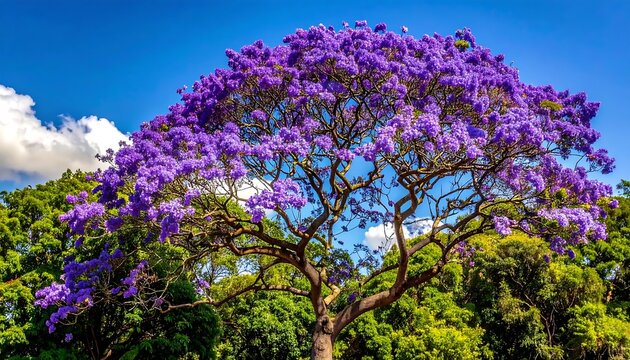 Vibrant Jacaranda Tree In Full Bloom With Purple Flowers Against A Clear Blue And Lush Green Foliage In A Public Park During Springtime