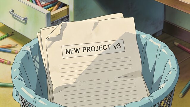 A crumpled paper labeled 'NEW PROJECT v3' sits in a wastebasket surrounded by colored pencils and a cluttered desk environment.